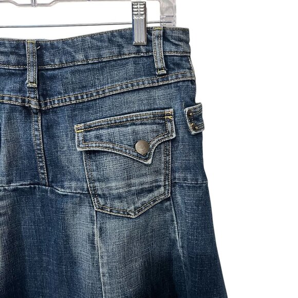 Y2K Mudd Denim Flared Skirt With Distressed Stitching & Back Pockets size 5 - Picture 6 of 7